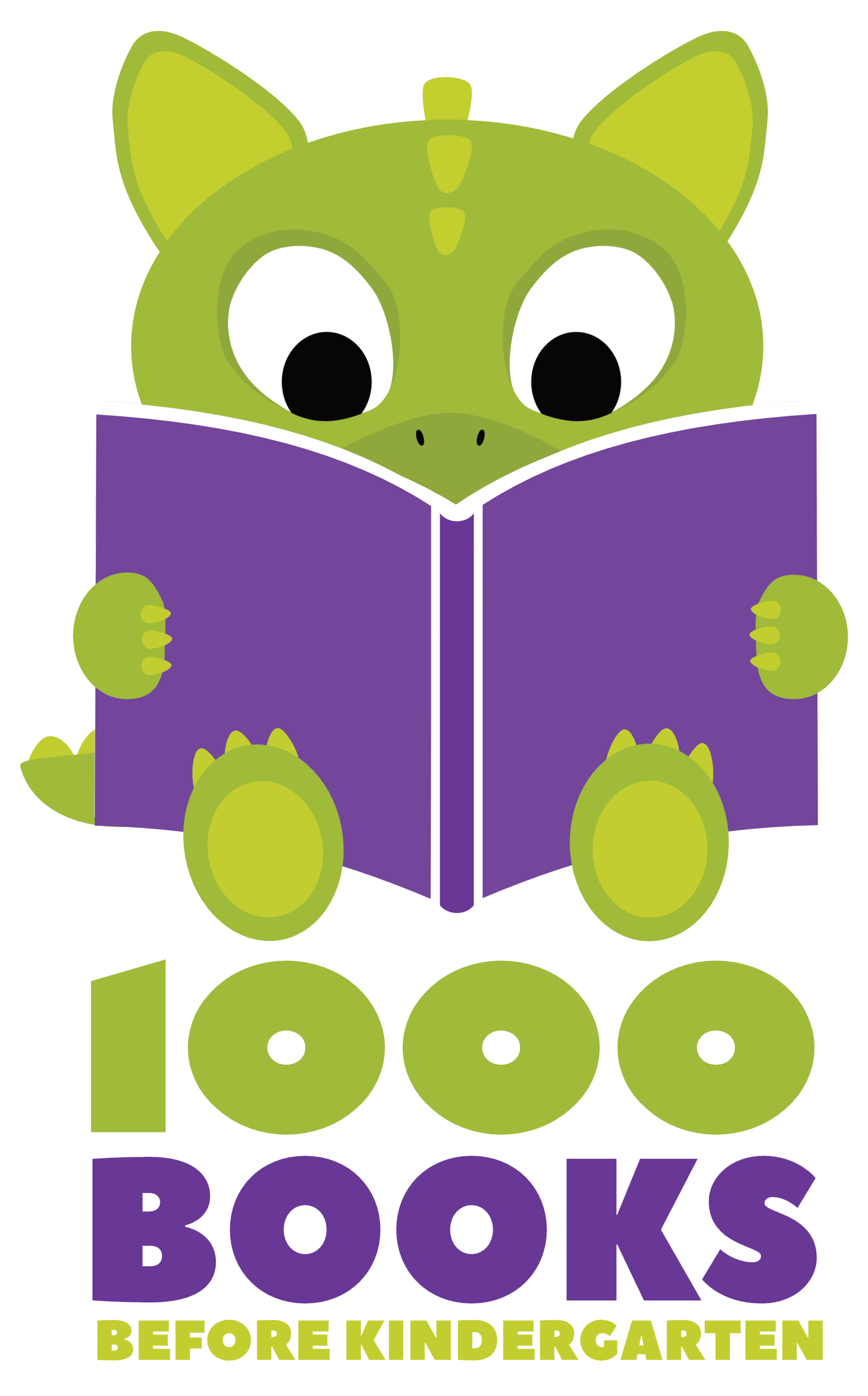 Large logo for Gretna Public Library's (Nebraska) One Thousand Books Before Kindergarten program. Colors are green and purple and features a young dragon reading a book.