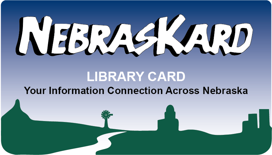 Rectangular logo for the NebrasKard library card. Black text states "Your information connection across Nebraska." Abstract green images evoking Nebraska such as a windmill, monuments, and buildings appear on the card.