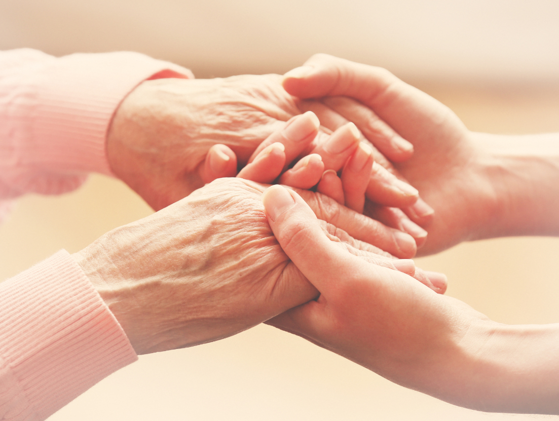 A young pair of hands holds an older pair of hands.