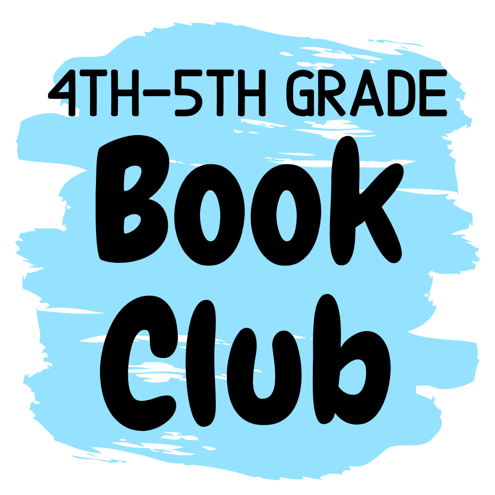 Simplified 4th-5th grade book club logo in a square. White background with a light blue scribble with black text.