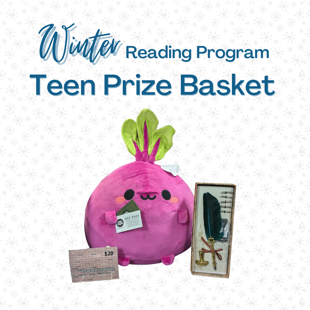 The Gretna Public Library's teen Winter Reading prize basket includes a large magenta Beet plushie, a quill writing kit, day-passes to Spielbound Board Game Café, and a $20 gift card to the Bookworm Bookstore.