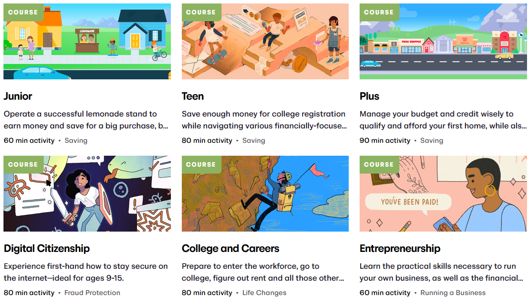 Screen grab of the Courses page of the Banzai site. The topics are Junior, Teen, Plus, Digital Citizenship, College and Careers, and Entrepreneurship.