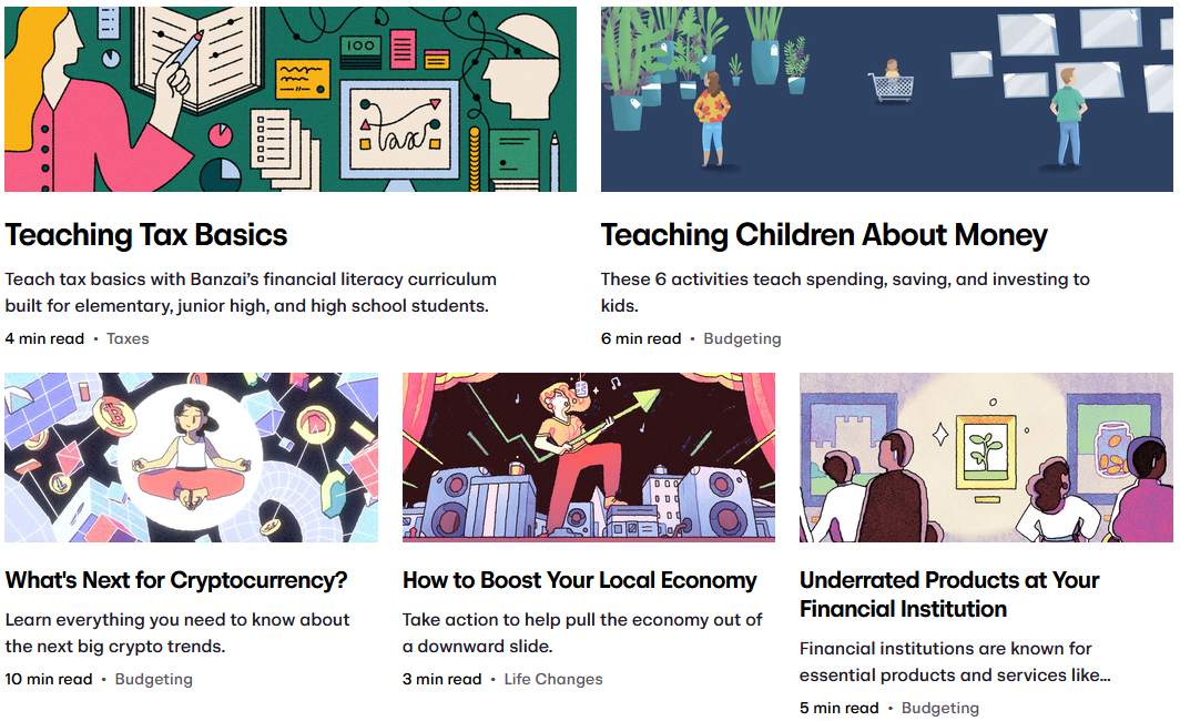 Screen grab of the first 5 articles on the Articles page. These are Teaching Tax Basics, Teaching Children About Money, What's Next for Cryptocurrency, How to Boost Your Local Economy, and Underrated Products at Your Financial Institution.