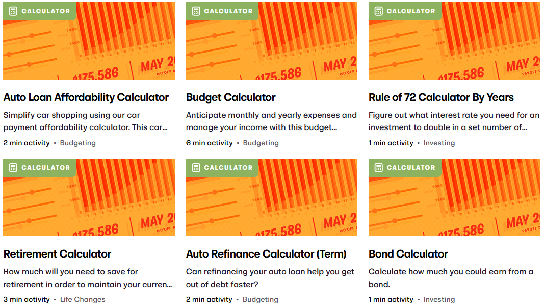Screen grab of the first 6 articles on the Calculators page. These calculators are Auto Loan Affordability Calculator, Budget Calculator, Rule of 72 Calculator by Years, Retirement Calculator, Auto Refinance Calculator, and Bond Calculator.
