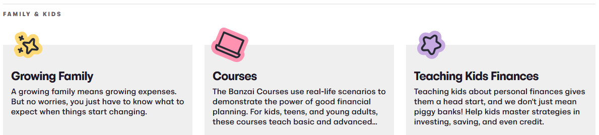 Screen grab of the first three articles in the Family & Kids collection which are Growing Family, Courses, and Teaching Kids Finances.
