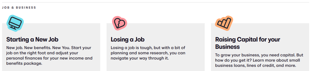 Screen grab of the first three articles in the Job & Business collection which are Starting a New Job, Losing a Job, and Raising Capital for Your Business.