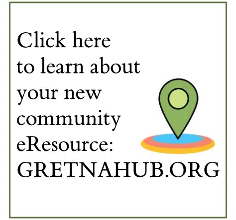 A locator icon with the text: "Click here to learn about your new community eResource: GretnaHub.org".