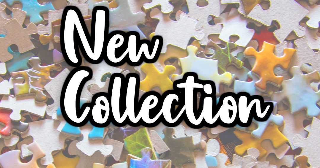 Text "New Collection" on top of mixed jigsaw puzzle pieces.